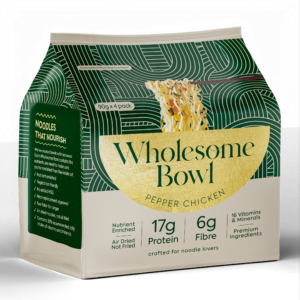 High Protein noodles, Pepper Chicken noodle flavour | 17g Protein, 6g Fibre, 16 vitamins and minerals, Air dried non fried noodles | Meal replacement approved | 4pack healthy ramen by Wholesome Bowl